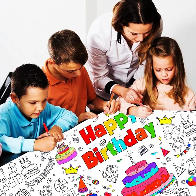JUNQIU Happy Birthday Coloring Tablecloth, 72 * 31Inch Giant Coloring Poster for Kids, Color Paper Roll for Party Activities/Game/Birthday Party Games/Birthday Crafts for Kids
