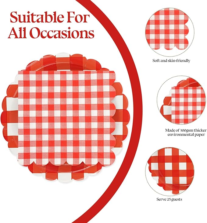 50PCS Red Gingham Party Supplies - 7Inch Red Scalloped Dessert Paper Plates and Napkins Set Disposable Plaid Dinner Party Set Cutlery for Baby Shower Birthday Wedding, Serve 25
