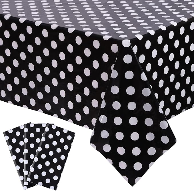 Kesfey 3 Packs Black Polka Dot Plastic Table Cloth 54x108 Inch Black and White Dots Mini Mouse Tablecloths Disposable Black Waterproof Picnic Table Covers for Rectangle Tables Birthday Party Supplies