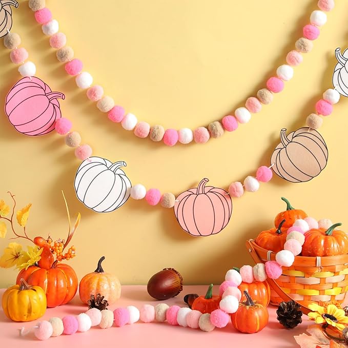 Breling 3 Pcs 10 ft Fall Felt Ball Garlands Pink Pumpkin Felt Pom Pom Banner Autumn Pumpkin Garland Decorations Festive Harvest Hanging Decorations for Fall Thanksgiving Home Wall Mantle Hanging Decor