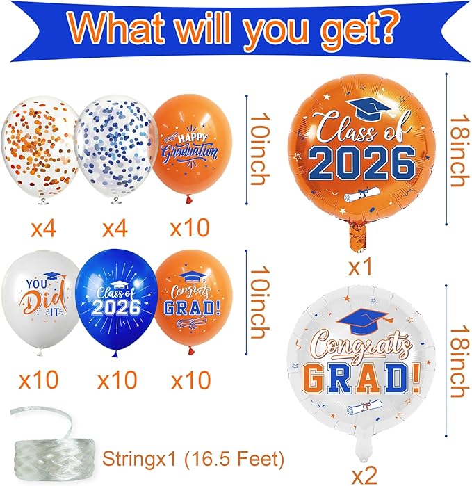 Blue and Orange Graduation Balloons Graduation Decorations 2026, 51Pcs Grad Latex Balloons and Grad Foil Balloon with Confetti Ribbons Grad Party Decorations for College High School