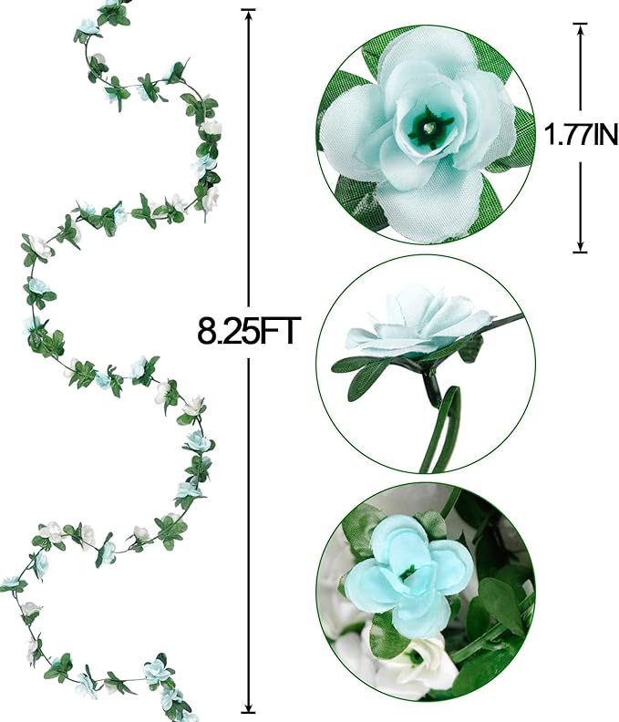 Miracliy 8Pcs 66FT Blue Flower Garland, Artificial Rose Floral Vines Fake Hanging Spring Flower Garland for Wall Backdrop Wedding Arch Tea Party Door Mantle Decoration (Each Pcs 8.2FT)