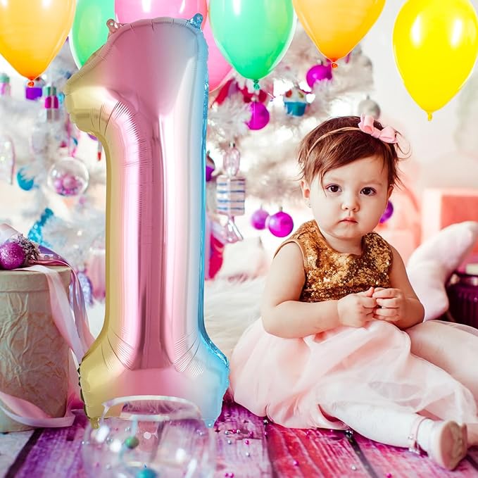 Rainbow Gradient Number 1 Balloon, 40 Inch Big Large Foil Number Balloons, Jumbo Giant Mylar Number 1 Balloons for 1 first Birthday Party Decorations Supplies Anniversary Celebration
