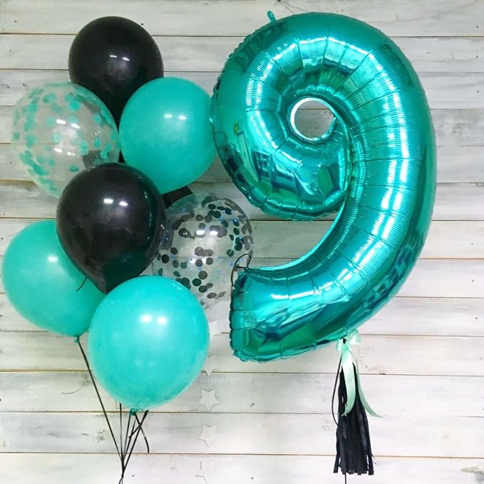 Blue-Green 9 Balloon Number, Big 40 Inch Happy 9 19 29 90 Birthday for Men And Women, Foil Balloons Decoratins for Wedding Anniversary, Single, New Year, Halloween Party Syupplies