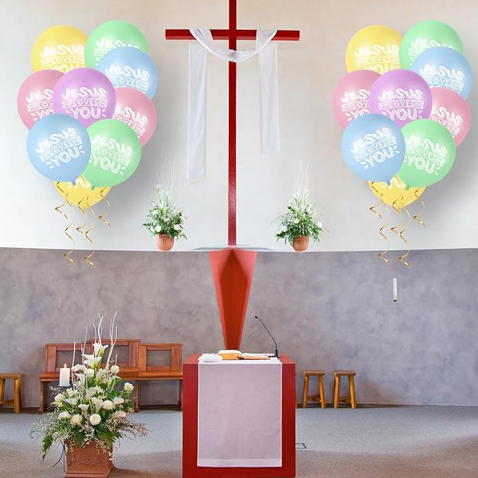Gejoy Jesus Loves You Balloon 12 Inch Latex Christian Religious Jesus Balloon Party Decor for He Is Risen Party Decor Favor Cross Church Event Birthday Sunday Supplies(Macaron Colors,60 Pcs)