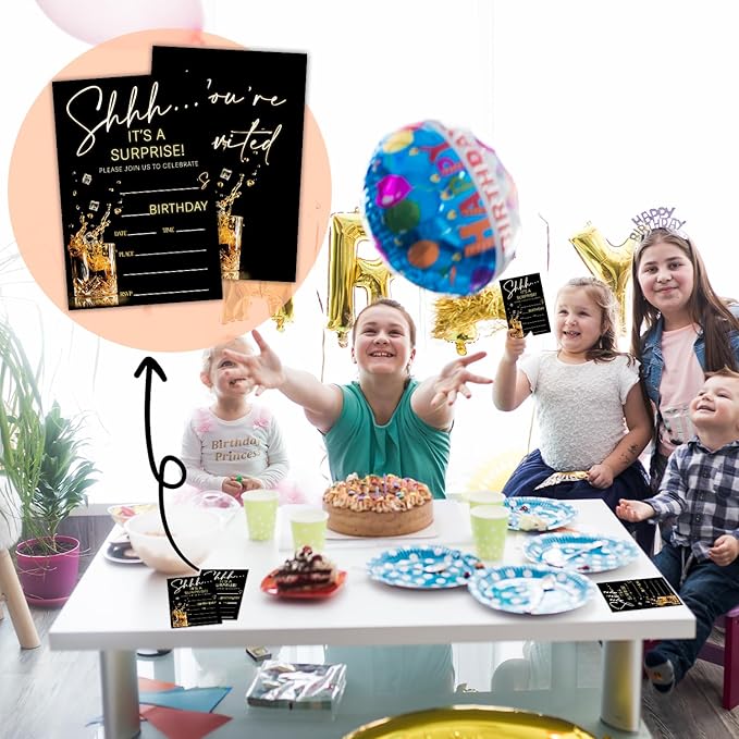 Shhh It's A Surprise Birthday Party Invitation Cards for Adults Women Men, Black Gold Birthday Celebration Party Invite Cards Supplies, 20 Double-Sided Fill In Invites With Envelopes -15