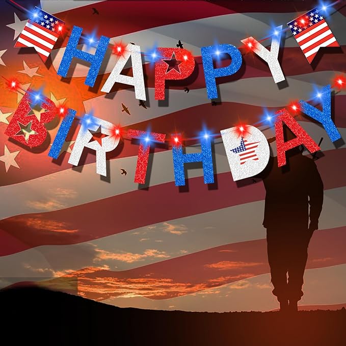 4th of July Birthday Banner with light, Happy Birthday Banner with Battery Operated Fairy String Light, 4th of July Independence Veterans Day Party, Glitter US Star Red White Blue Decorations
