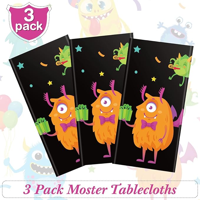 Buryeah 3 Pieces Monster Table Covers Plastic Little Monster Birthday Table Cloths for Kids Boys Birthday Party Decoration Supplies, 54 x 108 Inch