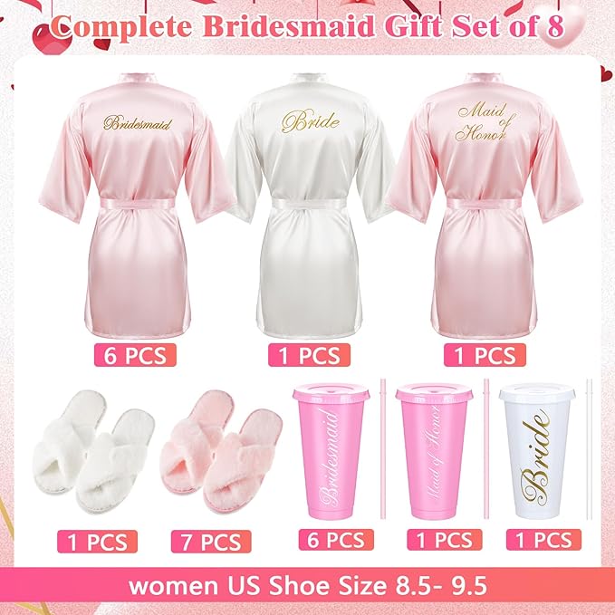 Bonuci 24 Pcs Bridesmaid Bride Robes Set of 8 Bridal Satin Robes Fluffy Slippers Drinking Cups for Wedding Bachelorette Party