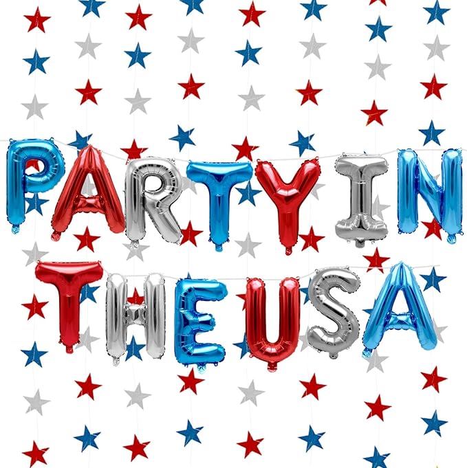 4th of July Decorations Stars Set, Red White Blue Star Streamers, "Party in the USA" Balloons for Patriotic Memorial Veterans Labor Independence Day Decor