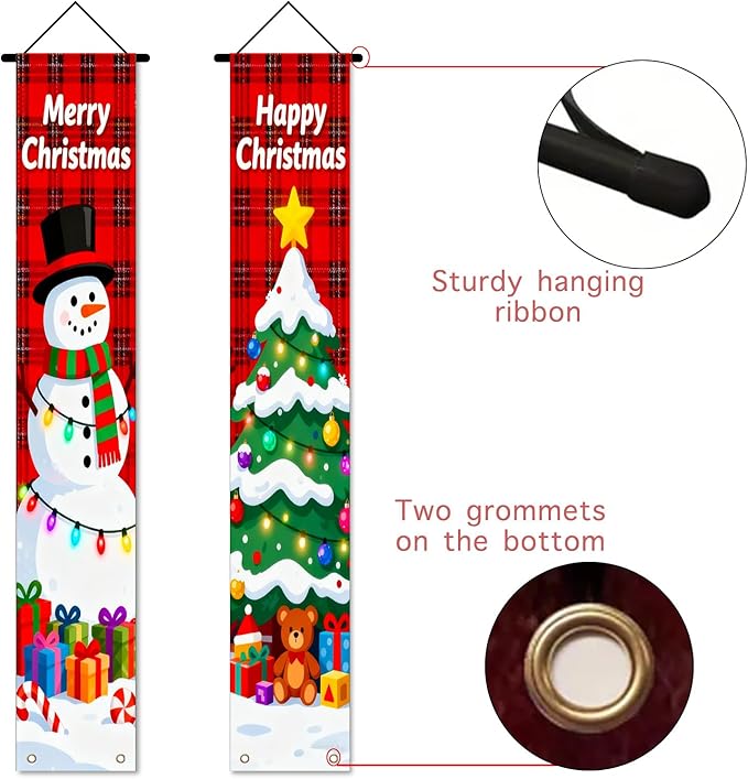 Nuxovilar Winter Merry Happy Christmas Snowman Tree Decor Polyester Banner 12x70.86 Inches Christmas Door Banner, Lively Decor for Bedroom, Balcony, Holiday Celebrations