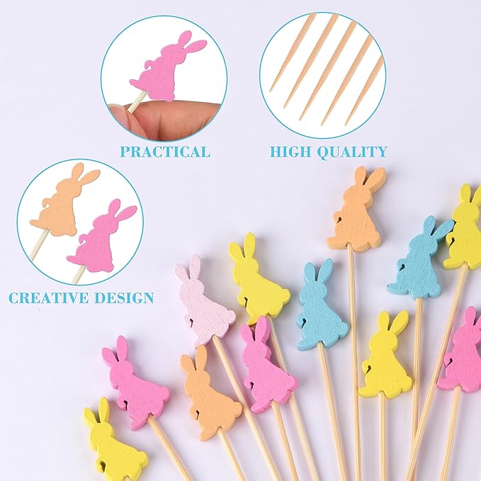 JtmyAota 100 Pack Easter Toothpicks for Appetizers, 4.7 Inch Natural Bamboo Cocktail Picks for Cake Dessert Food Fruit Easter Party Decorations