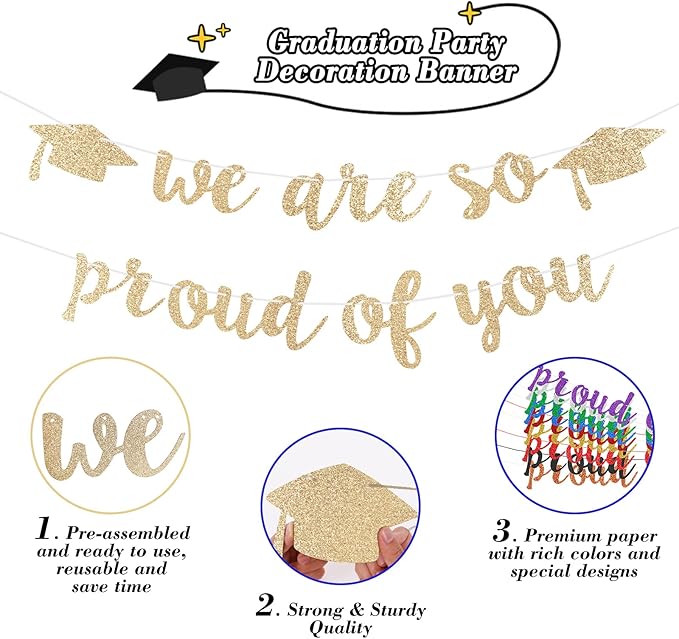 2026 Graduation Decorations Pre-Strung Blingbling We Are So Proud of You Banner Glitter Graduation Garland for Class of 2026 High School College Grad Party (Champagne Gold)