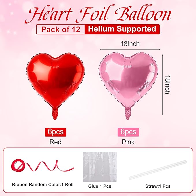 12 Pcs Red and Pink Heart Foil Balloons for Valentines Day Decorations, 18 Inch Romantic Love Valentine Heart Balloons for Galentines Day Decorations Wedding Marriage Birthday Bridal Shower Party