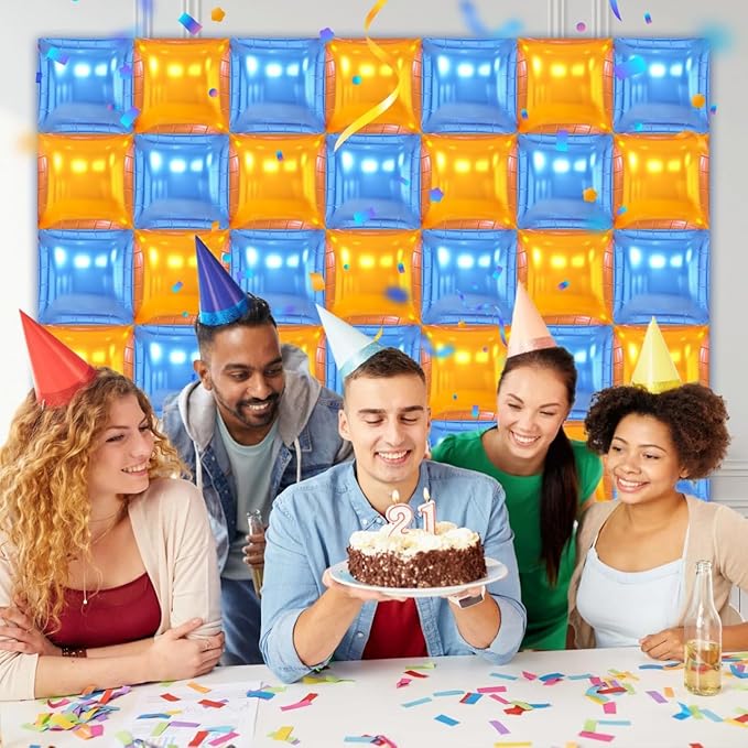 50PCS Blue and Orange Square Foil Balloons Wall, Double Sided Chrome Deep Blue and Orange Garland Kit, Reusable DIY Mylar Balloon Arch for Anniversary Birthday Engagement Party Background Decor