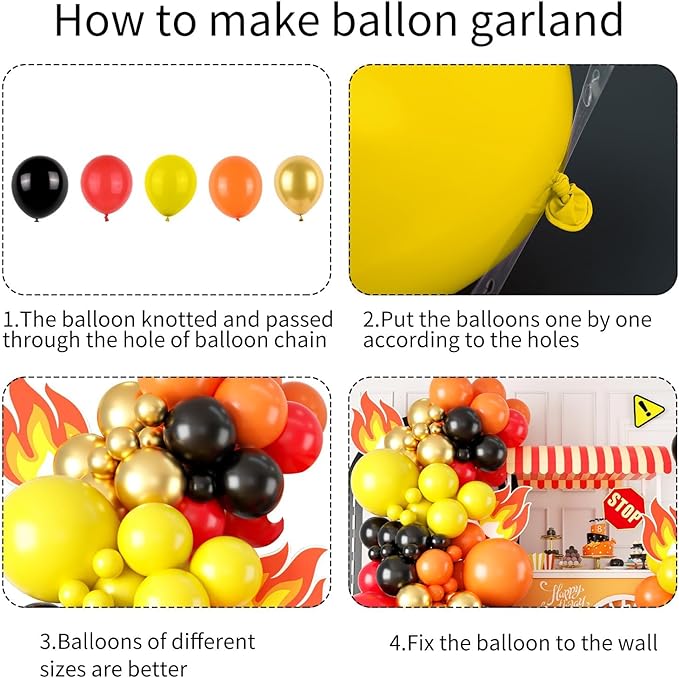 Red Yellow Black Balloon Arch, Fire Truck Balloon Garland for Firefighter Birthday Party Decorations, Fire Truck Theme Yellow and Orange Balloon Arch Kit for Fire Truck Birthday Decorations
