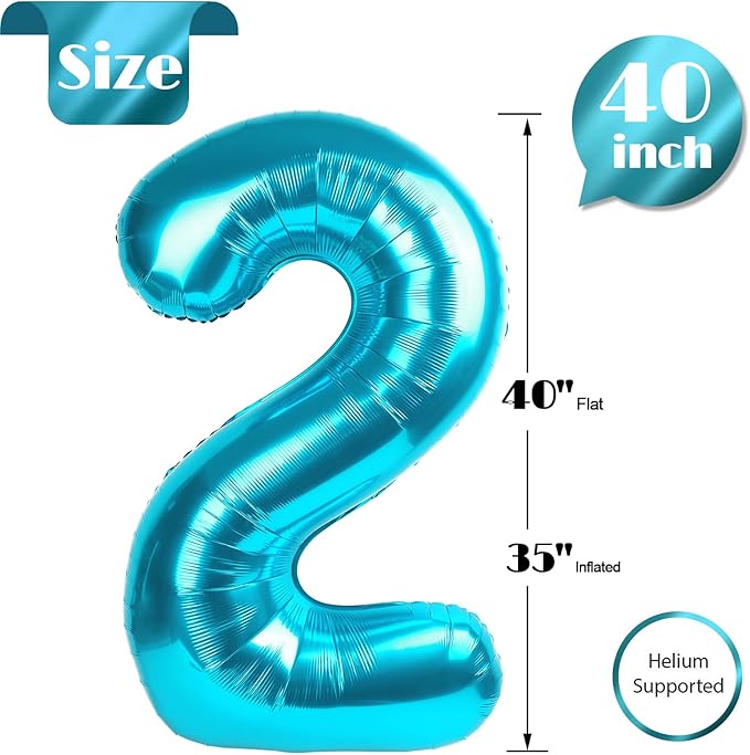 Light Blue Number 2 Balloon 40 Inch, 2 Balloon Number, 2nd Birthday Decorations for Baby Girls Boys Toddlers