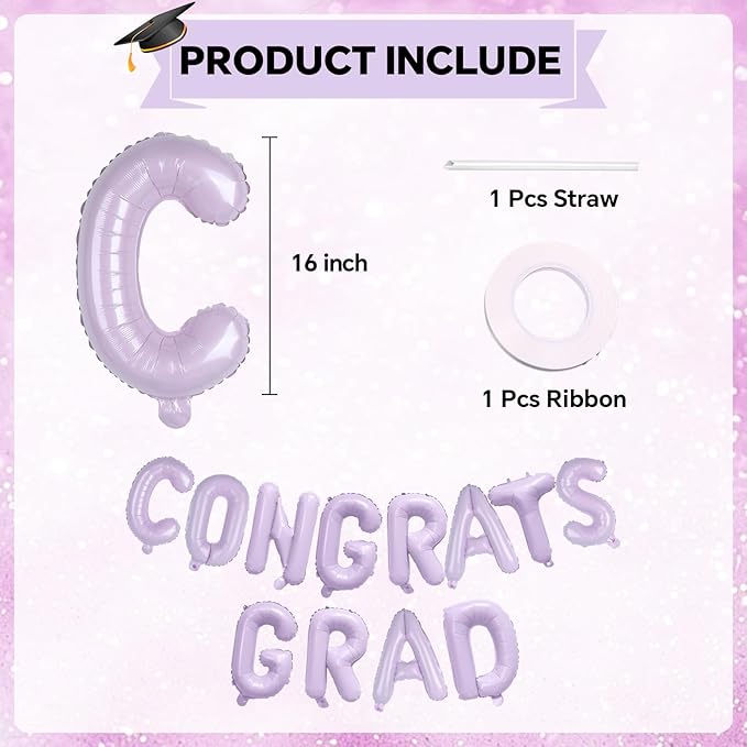 KALOR 16 Inch Pastel Purple Congrats Grad Banner Balloons, Pastel Purple Congrats Grad Letters Sign, Graduation Decorations 2026 for Graduation Party Decorations 2026