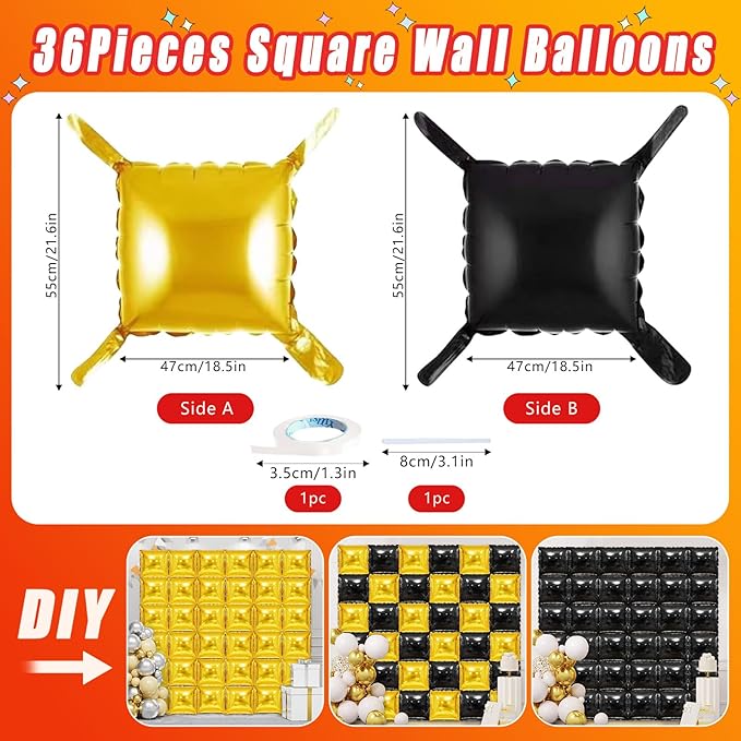 36 Piece XL Golden Square Foil Balloon Wall Screen Double Sided Square Balloon Screen Tunnel Arch Kit Mylar Square Balloons For Baby Shower Graduation Prom Birthday Party Decorations (Golden)