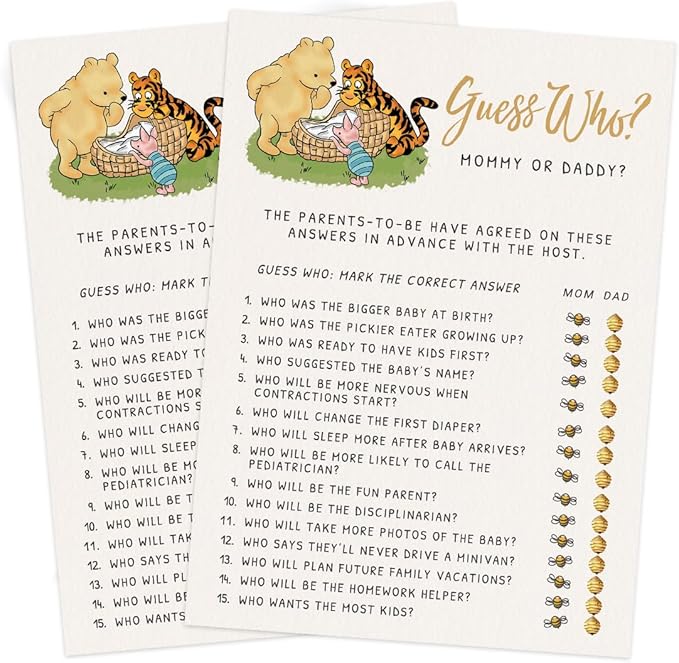 Printed Party Winnie Baby Shower Game Set – 4 Games with Classic Pooh Theme for 30 Guests, Includes Bingo, Mommy-to-be Trivia, Storybook Icon Guessing, and Guess Who, Bear Theme for Boy or Girl