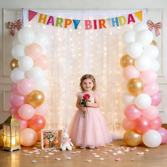10x10ft White Tulle Backdrop Curtain with Lights String for Parites, Sheer Curtain Backdrop Drapes for Wedding Baby Shower Bridal Shower Birthday Party Photography Background Decoration