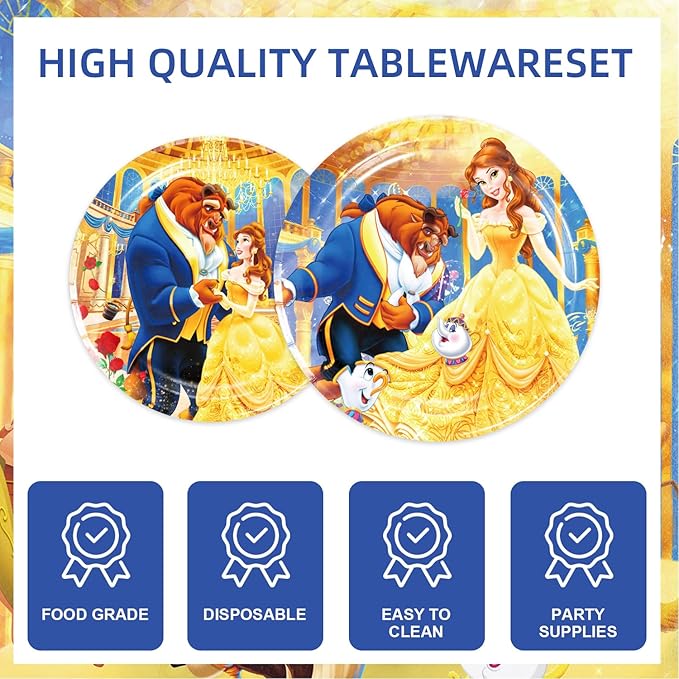 deenor 141pcs Beauty and The Beast Birthday Tableware Decorations Party Plates Cups Soccer Theme Napkins Beach Ball Tablecloth for Soccer Party Decoration (Beast)