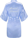EPLAZA Women's One Size Silver Rhinestones Bride Bridesmaid Short Satin Robes for Wedding Party Getting Ready