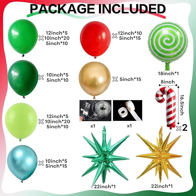 Christmas Balloon Garland Kit 143 Pcs Lime Green Dark Green Red Gold Balloons Arch with Candy Canes Foil Balloon Explosion Star Balloons for Xmas Ugly Sweater Friendsmas Birthday Party Decor