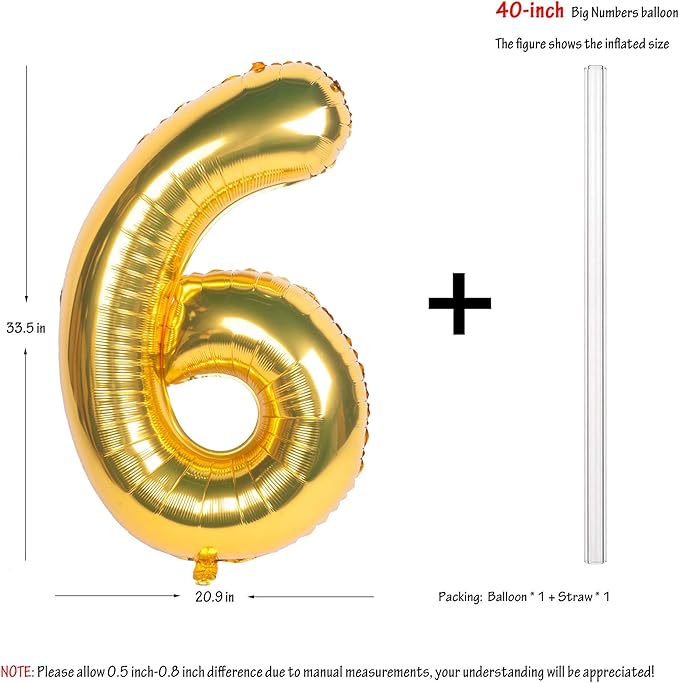 40 Inch Large Gold Number Balloons 6 Aluminum Foil Mylar Big Number Balloons 0-9 Suitable for Gold Birthday Parties, Weddings and Anniversary Photography