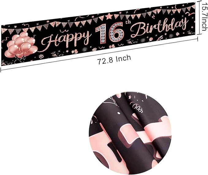 Happy 16th Birthday Banner Decorations for Girls, Rose Gold Sweet 16 Birthday Party Supplies, Funny Sixteen Birthday Yard Sign Decor for Outdoor