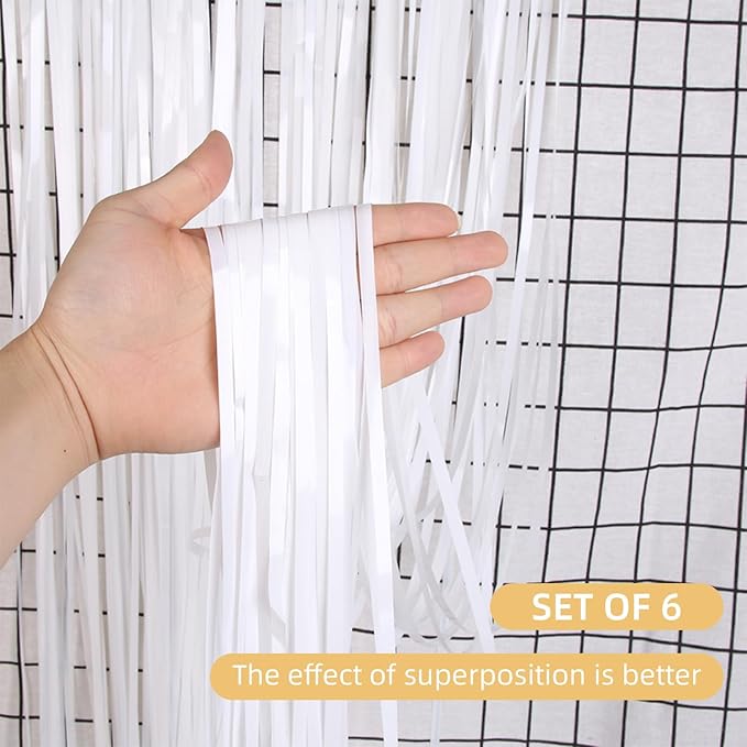 6 Pack White Foil Curtain Backdrop 3.2ft x 6.6ft Metallic Tinsel Fringe Backdrop Curtains Streamer Photo Booth Backdrop for Birthday Engagement Bachelorette Christmas Holiday Party Decorations