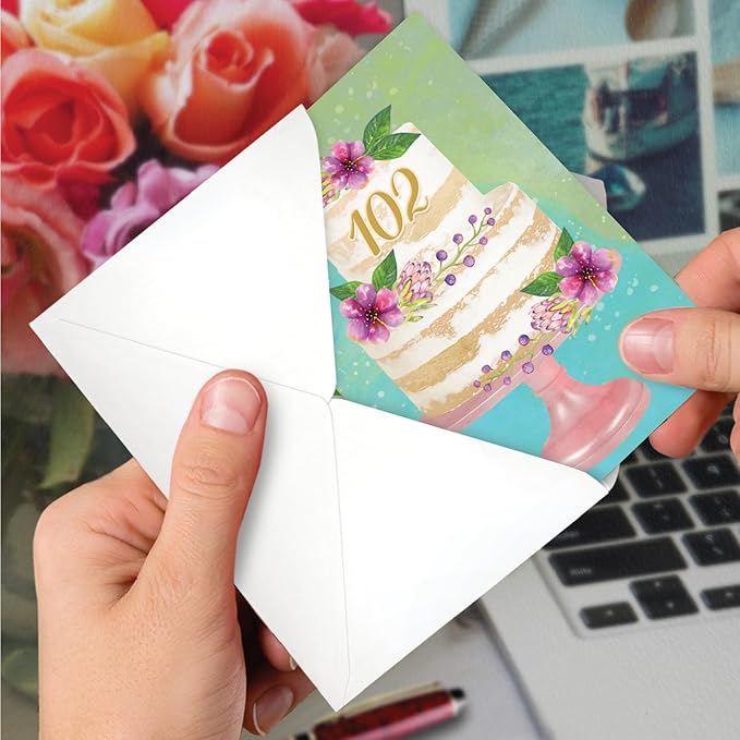 NobleWorks 102th Milestone Birthday Greeting Card with 5 x 7 Inch Envelope (1 Card) Number Cake 102 C10110MBG