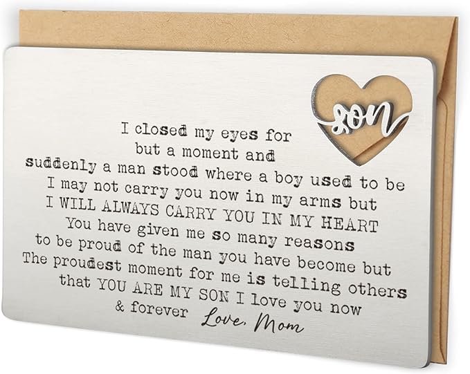 YODOCAMP Son Gifts From Mom, Engraved Wallet Card Inserts Keepsake Gifts for Son From Mom for Christmas Graduation Birthday Gift Ideas