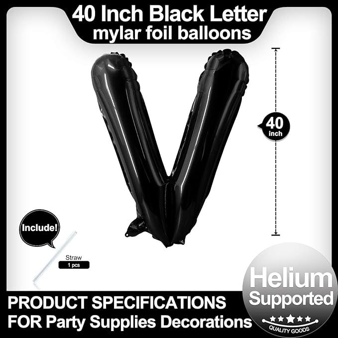 40 Inch Black Letter V Balloons, DIY Phrase Foil Alphabet Letter V Balloons DIY Word V Banner for Birthday Anniversary Celebration Graduation Party Supplies Decoration