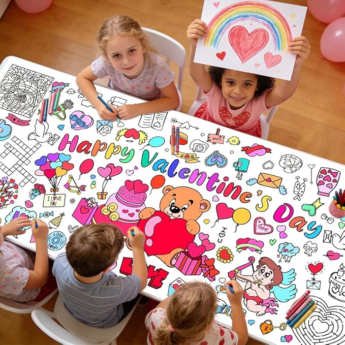 Valentines Coloring Tablecloth/Poster, Valentines Day Gifts for Kids Classroom, Valentines Day Decorations, 72"X30" Giant Paper Coloring Banner Tablecloth for Kids Crafts Activities Party Decorations