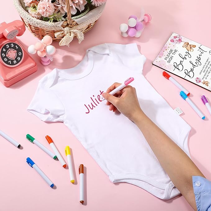 Qunclay 12 Pcs Baby Shower Game Decor with White Unisex Bodysuit Wooden Sign Tabletop Decor and Marker for Guests(Pink Bear)