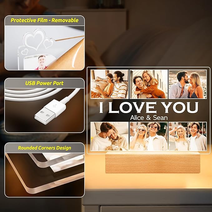 Personalized Picture Frame with Photo, Customized Photo Frame with Night Light, Custom Picture Frames, Personalized Anniversary Couple Gifts for Women Men Her Him Girlfriend Boyfriend