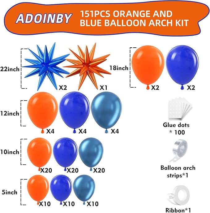 Blue and Orange Balloon Arch Kit, 151Pcs Royal Blue Metallic Blue Orange Balloon Garland kit, Different Size Balloons for Girl Birthday Anniversary Baby Shower Graduation Party Decorations