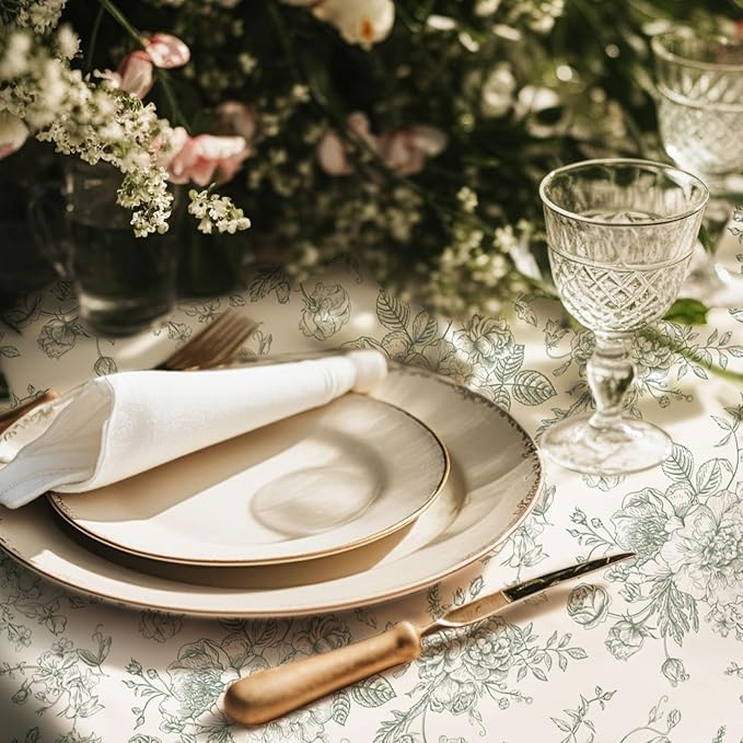 Buryeah 4 Pcs Sage Green Floral Tablecloth for Tea Party Rectangle Disposable Plastic Table Cloth Flower Table Cover for Summer Picnic Wedding Garden Birthday Baby Shower Party Favors, 54 x 108 Inch