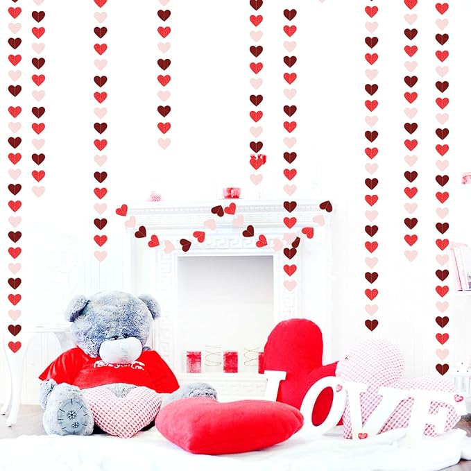 Valentines Day Party Decorations Pink-Red Heart-Garland - 52ft Burgundy Proposal Special Night Galentines Hanging Streamers Banner,Girl Romantic Wedding Anniversary Baby Bridal Shower Engagement Decor