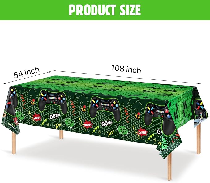 Tatuo 3 Pcs Video Game Table Cover, Game Theme Birthday Decoration Plastic Table Cloth Party Supplies for Boys Girls Kids Player Geek Party Decorations, 54 x 108 Inch (Green)
