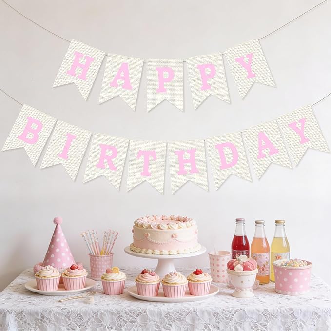 Burlap Happy Birthday Banner, Pink Assembled Happy Birthday Banner Sign Garland for Boys Girls Rustic Party Decorations