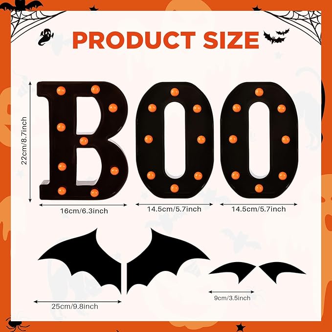 3 Pcs LED Marquee Light Up Letters Black Boo Sign Halloween Decorations Indoor Boo Halloween Lights for Home Kitchen Tabletop Fireplace Party Decoration (Orange)