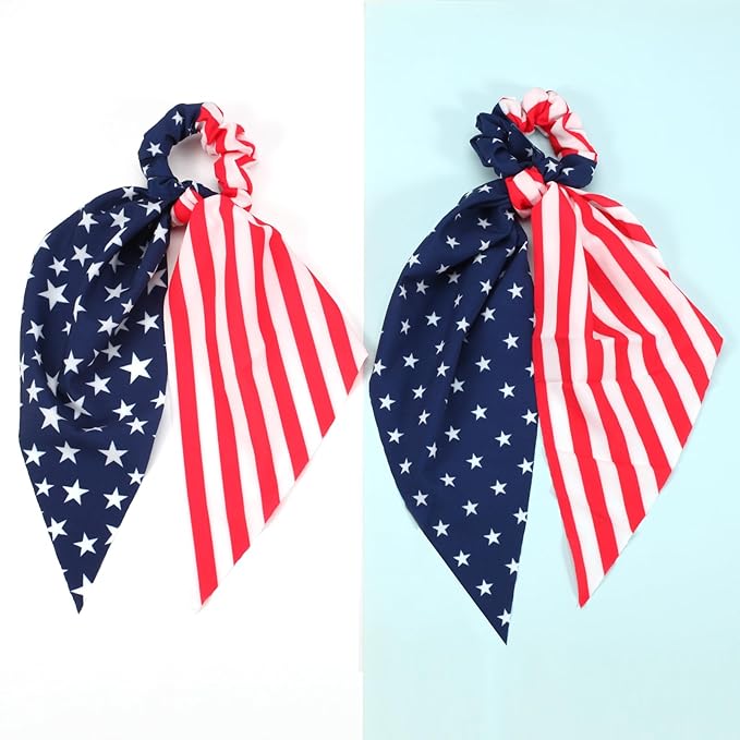 American Flag Hair Ties for Woman Girls Red White and Blue Ribbon Hair Scrunchies Elastic Patriotic 4th of July Hair Tie Independence Day Memorial Day Party Supplies Hair Accessories 2PCS