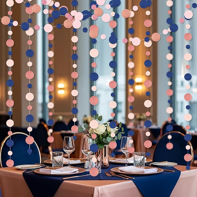 Outus 10 Pieces Blue,Pink,Rose Gold Round Dots Garland Easter Graduation Party Hanging Decor Each Length 13.1ft Glitter Paper Dot Streamers for Birthday Wedding Classroom