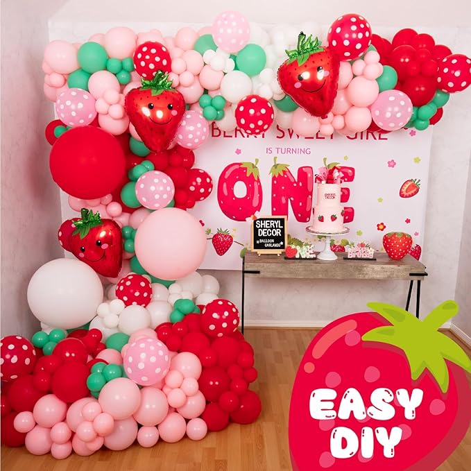 ALL-IN-1 Strawberry Balloon Arch Kit & Garland with BONUS Strawberry – Small and Large Red Pink Green Strawberry Balloons – Strawberry Shortcake Party Decorations Supplies for Birthday & Baby Shower