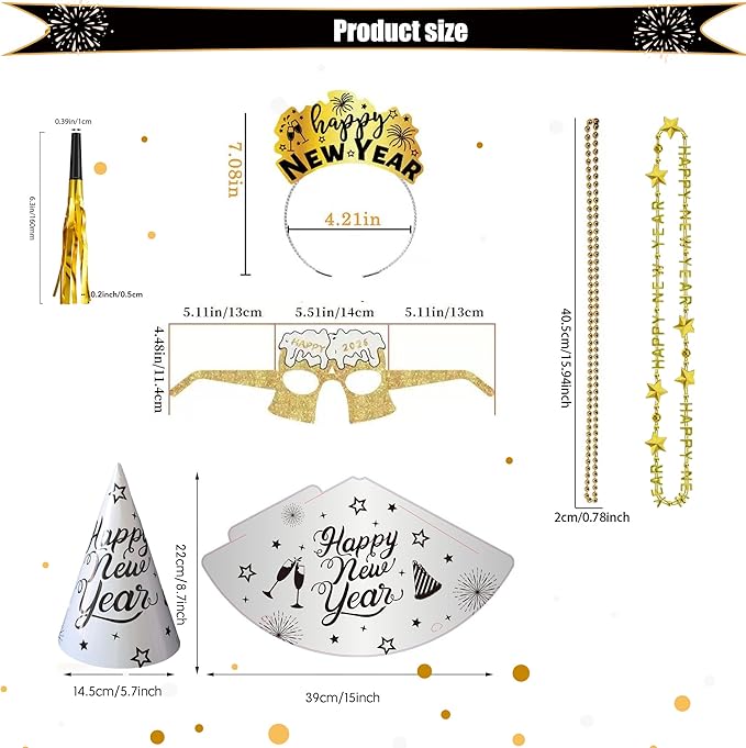 Ansoufien 2026 New Year Party Supplies 48PCS – New Years Eve Party Supplies Set with Cone Hats, Headbands, Glasses, Noisemakers and Bead Necklaces – Happy New Year 2026 NYE Decorations