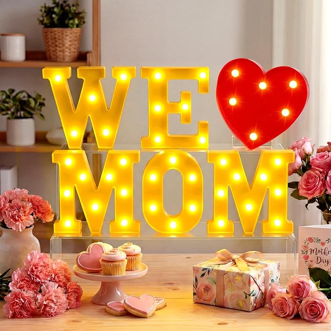 Honoson 6 Pcs Mothers Day Decorations We Love Mom Heart LED Lights up Sign Table Decoration for Mom Birthday Gifts Mothers Day Party Decoration
