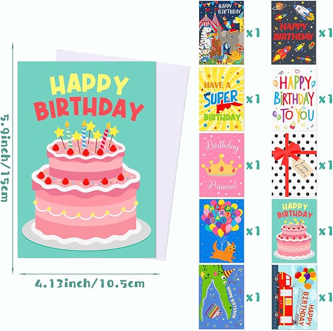 Hooqict Birthday Cards for Kids (4"x6") 10 Assorted Happy Birthday Cards with Envelopes and Greetings Inside (Carnival, Princess, Cake, Animals, Space, Gift Box, Balloons) for Boys Girls 1 2 3 4 5+