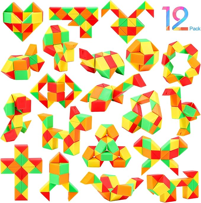 12 Pack Magic Snake Cube Fidget Toys for Kids - 24 Blocks Rainbow Twist Puzzle, Party Favors, Classroom Prizes, Birthday Goodie Bag Fillers, Stress Relief Sensory Toys